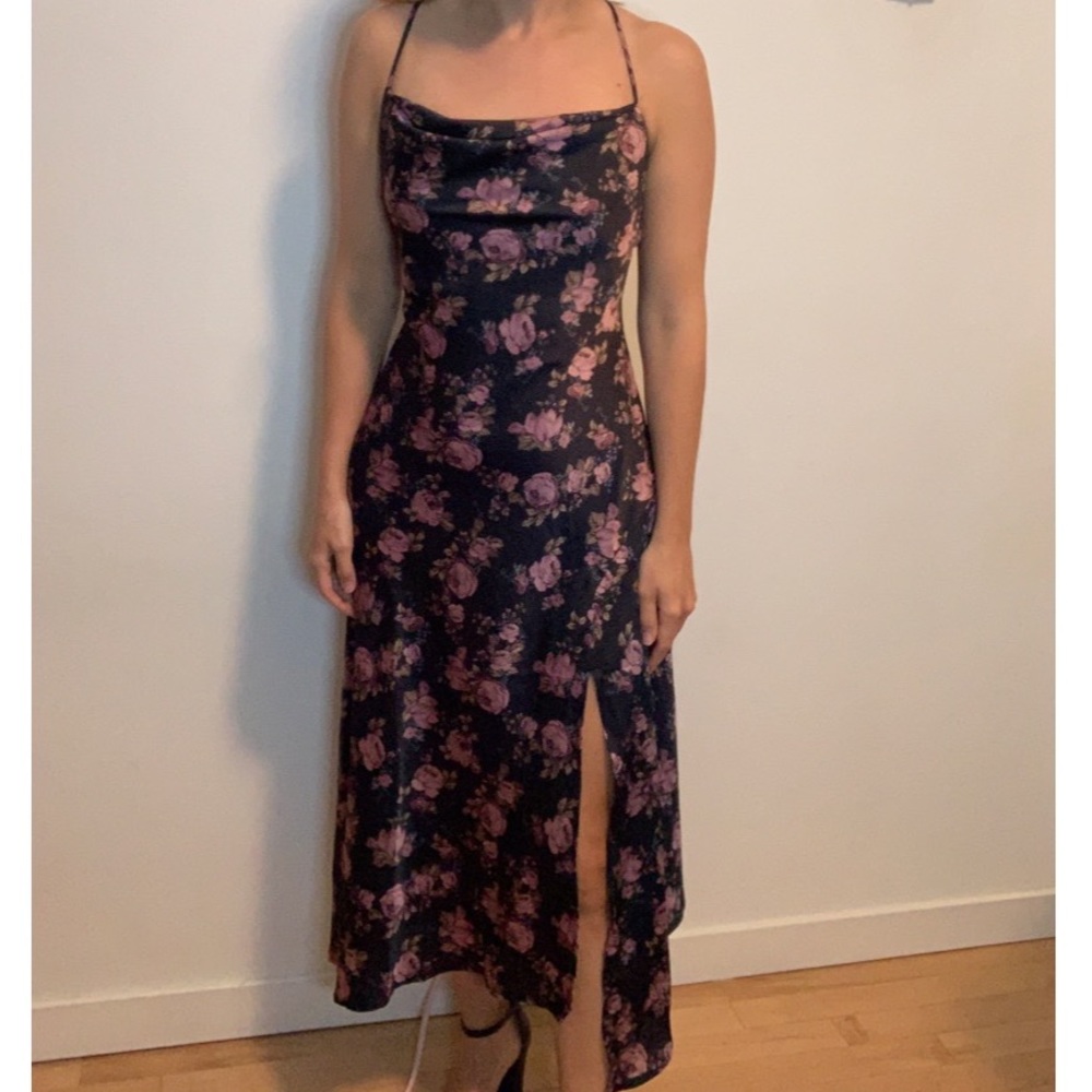 ASTR Gaia Floral Midi-Dress - Navy & Purple - Size S